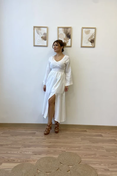 Beyaz Müslin Gipeli Uzun Elbise - Resim 4