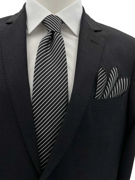 Brianze 7.5 Cm Siyah Beyaz Çizgili Kravat Mendil Set ürün görseli 1