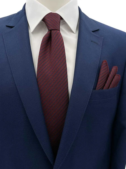 Brianze 7.5 Cm Bordo Lacivert Çizgili Kravat Mendil Set ürün görseli 1