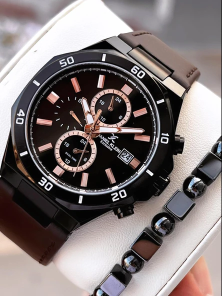 Daniel Klein Erkek Kol Saati 30 Metre Suya Dayanıklı Deri Kayış Kordon + Bileklik Hediyeli  VS.BLKT.0675 ürün görseli