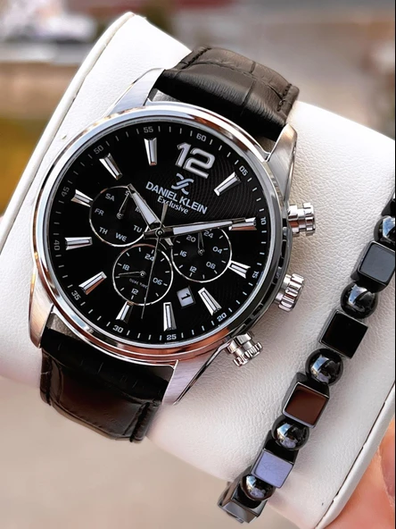 Daniel Klein Erkek Kol Saati 30 Metre Suya Dayanıklı Deri Kayış Kordon + Bileklik Hediyeli  VS.BLKT.0673 ürün görseli