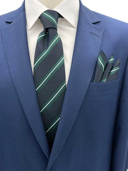 Brianze 7.5 Cm Lacivert Yeşil Beyaz Çizgili Kravat Mendil Set ürün görseli 1