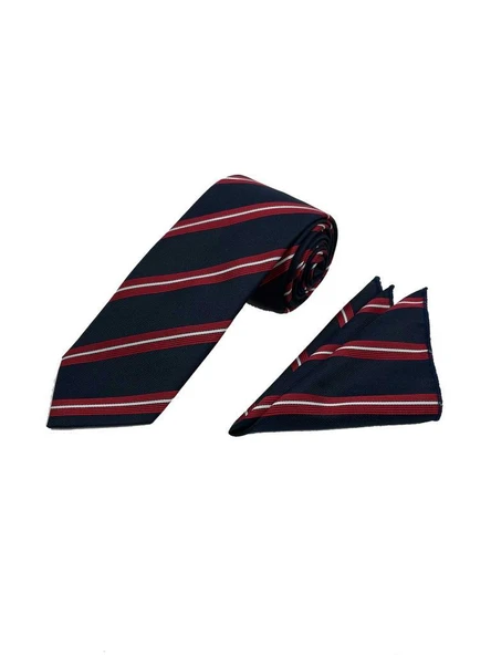 Brianze 7.5 Cm Lacivert Kırmızı Beyaz Çizgili Kravat Mendil Set - Resim 2