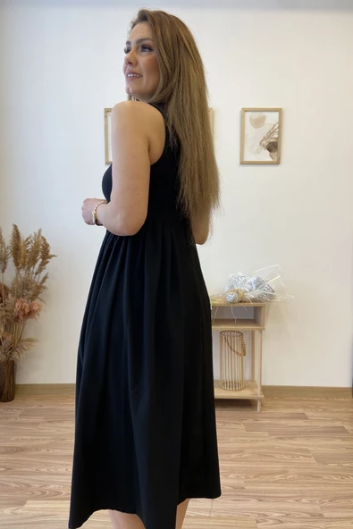 Büzgü Detaylı Uzun Kloş Elbise - Resim 6