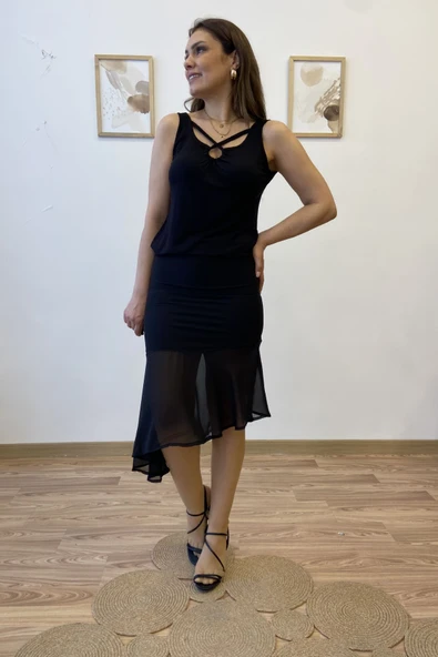 Asimetrik Tül Volanlı Midi Etek - Resim 6