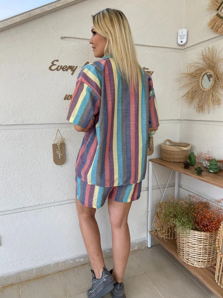 Renkli Çizgili Şort Gömlek Takım - Resim 5