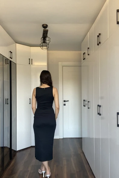 Kare Yaka Fitilli Kaşkorse Midi Elbise - Resim 5