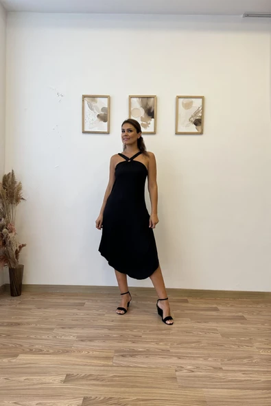 Çapraz Askılı Halka Detaylı Asimetrik Elbise - Resim 2