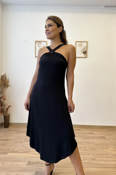 Çapraz Askılı Halka Detaylı Asimetrik Elbise - Resim 7