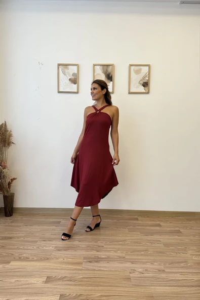 Çapraz Askılı Halka Detaylı Asimetrik Elbise - Resim 9