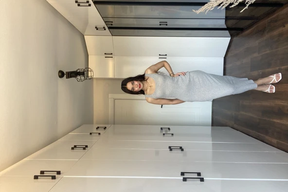 Kare Yaka Fitilli Kaşkorse Midi Elbise - Resim 9