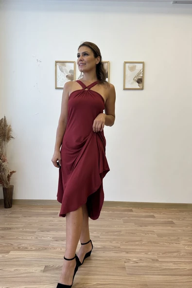 Çapraz Askılı Halka Detaylı Asimetrik Elbise - Resim 8