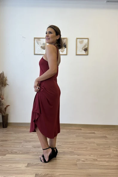 Çapraz Askılı Halka Detaylı Asimetrik Elbise - Resim 12