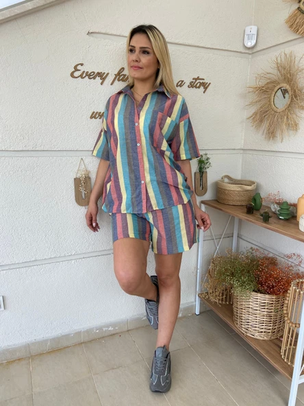 Renkli Çizgili Şort Gömlek Takım - Resim 4