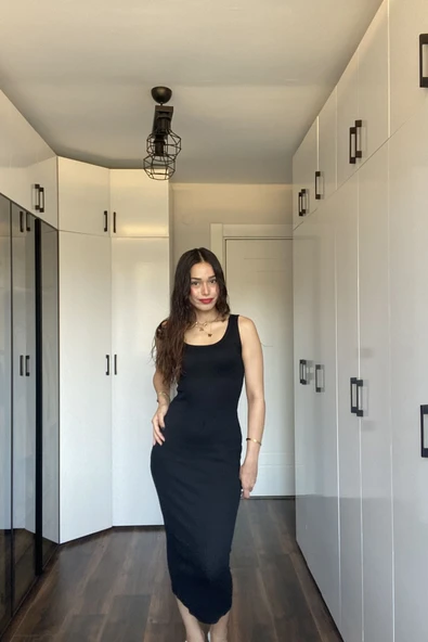 Kare Yaka Fitilli Kaşkorse Midi Elbise ürün görseli