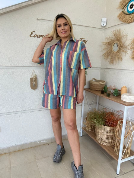 Renkli Çizgili Şort Gömlek Takım - Resim 2