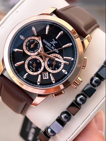 Daniel Klein Erkek Kol Saati 30 Metre Suya Dayanıklı Deri Kayış Kordon + Bileklik Hediyeli  VS.BLKT.0678 ürün görseli