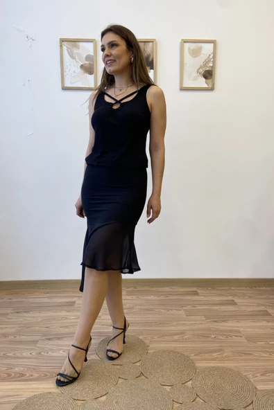 Asimetrik Tül Volanlı Midi Etek - Resim 2