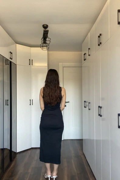 Kare Yaka Fitilli Kaşkorse Midi Elbise - Resim 4