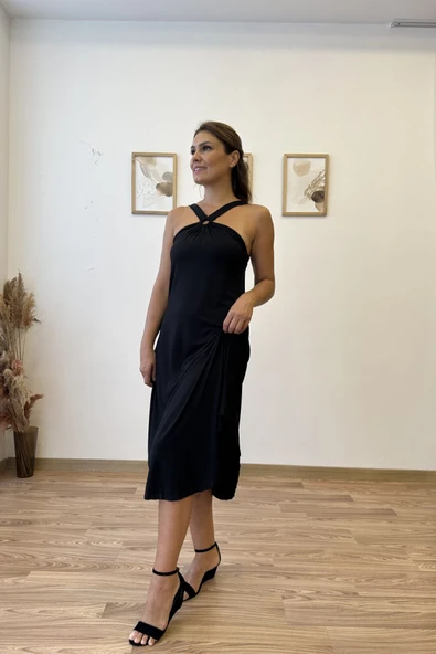 Çapraz Askılı Halka Detaylı Asimetrik Elbise ürün görseli 1