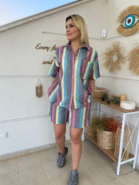 Renkli Çizgili Şort Gömlek Takım ürün görseli