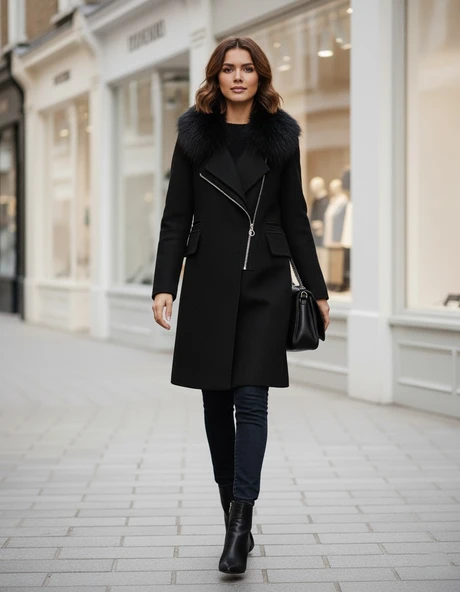 Kadın Kürklü Kaşe Kışlık Siyah Kaban ürün görseli 1