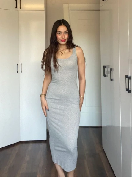 Kare Yaka Fitilli Kaşkorse Midi Elbise - Resim 6