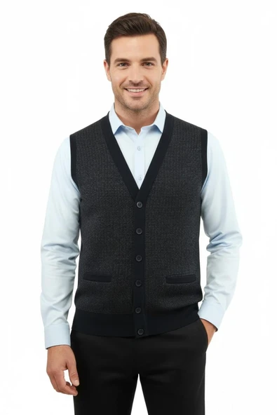 Erkek Düğmeli Yelek Cepli Çelik Örgü Klasik Kalıp 5205L BGL-ST04846 - Resim 3