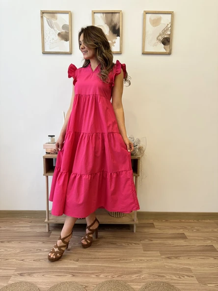 V Yaka Terikoton Katlı Uzun Elbise - Resim 7