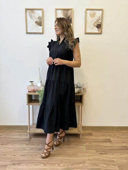 V Yaka Terikoton Katlı Uzun Elbise - Resim 2