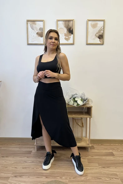 Taytlı Yırtmaç Detaylı Tasarım Asimetrik Etek - Resim 9