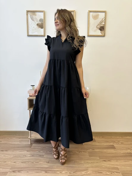 V Yaka Terikoton Katlı Uzun Elbise ürün görseli