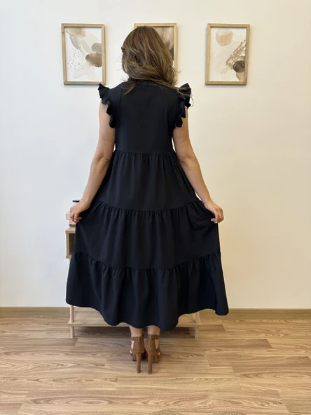 V Yaka Terikoton Katlı Uzun Elbise - Resim 5