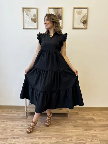 V Yaka Terikoton Katlı Uzun Elbise - Resim 3