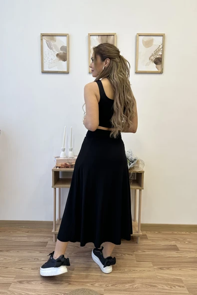 Taytlı Yırtmaç Detaylı Tasarım Asimetrik Etek - Resim 10