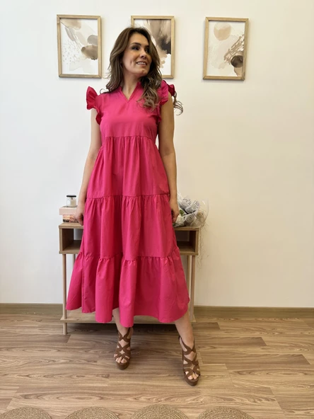 V Yaka Terikoton Katlı Uzun Elbise - Resim 6