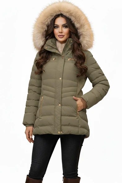 Kadın Büyük Beden Spor Kapüşonlu İçi Peluş Mont  M5306 BGL-ST04892 - Resim 3