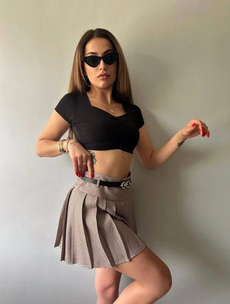 Kareli Pile Ve Kemerli Mini Etek - Resim 7