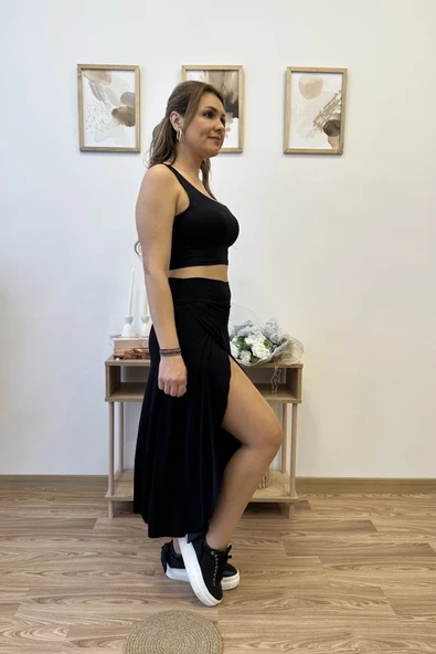 Taytlı Yırtmaç Detaylı Tasarım Asimetrik Etek - Resim 6