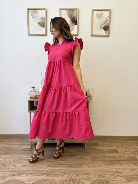 V Yaka Terikoton Katlı Uzun Elbise - Resim 10