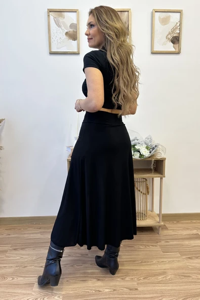 Taytlı Yırtmaç Detaylı Tasarım Asimetrik Etek - Resim 2