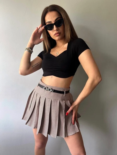 Kareli Pile Ve Kemerli Mini Etek - Resim 10