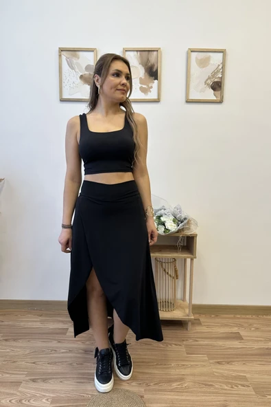 Taytlı Yırtmaç Detaylı Tasarım Asimetrik Etek - Resim 7