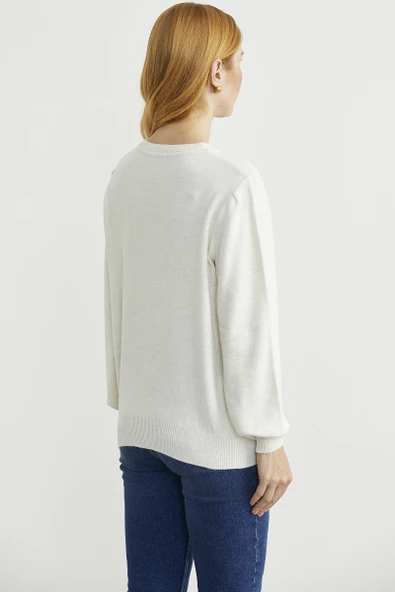 Yarım Düğmeli Yuvarlak Yaka Triko Kazak - Kemik - Resim 6