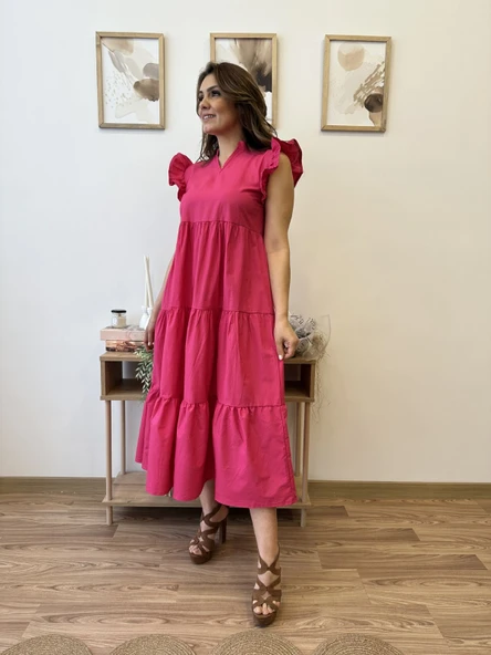 V Yaka Terikoton Katlı Uzun Elbise - Resim 9