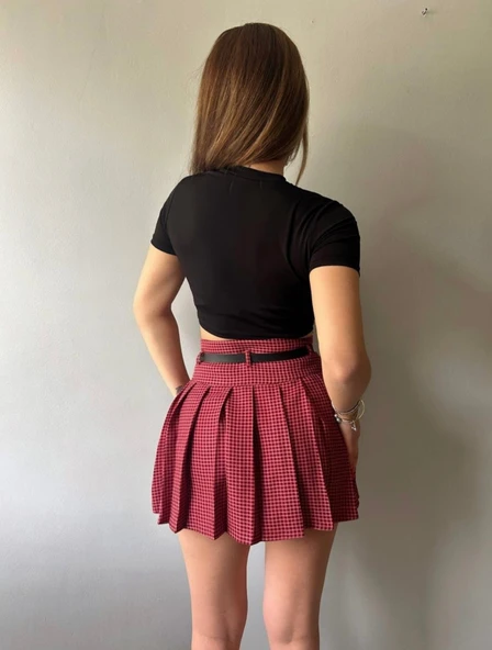 Kareli Pile Ve Kemerli Mini Etek - Resim 5