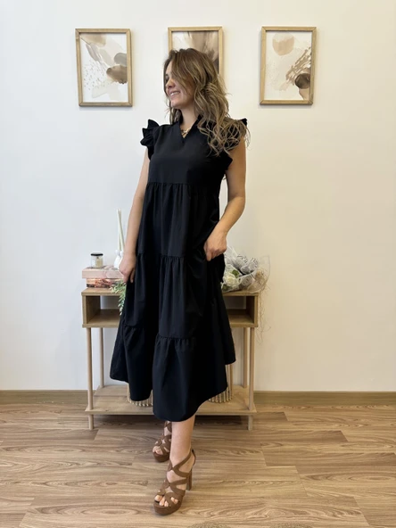 V Yaka Terikoton Katlı Uzun Elbise - Resim 4