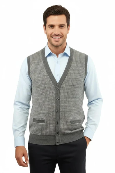 Erkek Düğmeli Yelek Cepli Çelik Örgü Klasik Kalıp 5205L BGL-ST04846 ürün görseli 1
