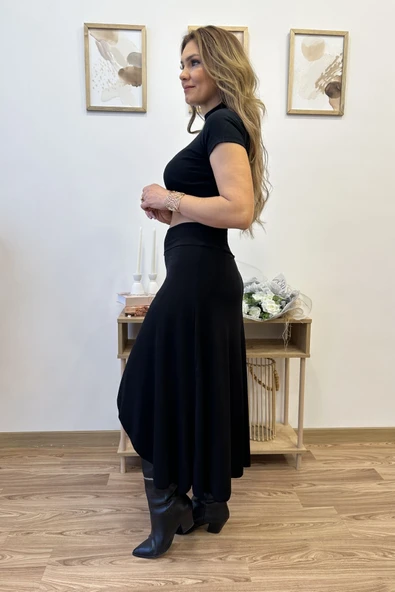 Taytlı Yırtmaç Detaylı Tasarım Asimetrik Etek - Resim 3