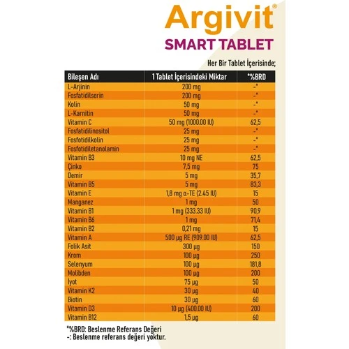 Argivit Smart Tablet 30 Tablet - Fosfatidilserin, Kolin, L-Arginin, Multivitamin ve Multimineral - Resim 7